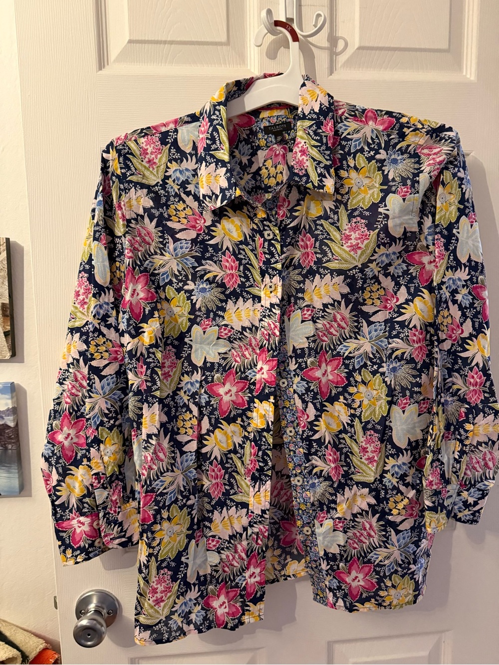 Talbots Navy Floral Button-Down Shirt with Pink & Yellow Blooms